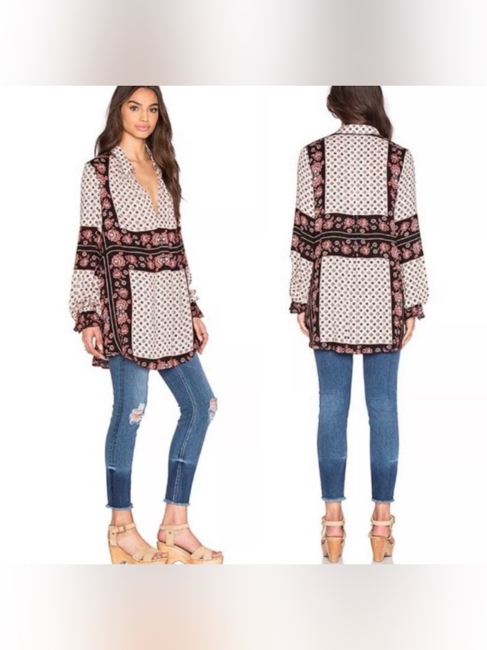 Free People Cream and Black Printed V-Neck Tunic